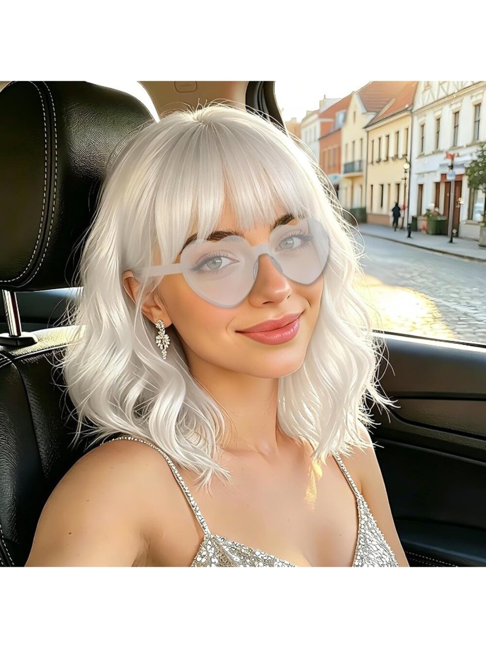 Women's White Curly Bob Synthetic Wigs Bangs With Neon Heart Sunglasses